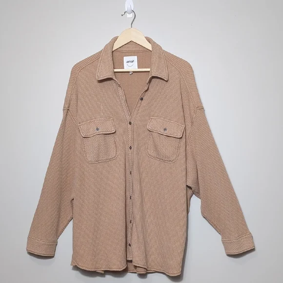 Aerie LumberJane Waffle Shirt Cappuccino Tan Button Up Oversized Relaxed XL - Picture 2 of 16